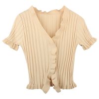 甜辣风高腰百褶半身裙套装女夏季新款辣妹炸街木耳边短袖开衫上衣 上衣 单件 S 建议80-90斤