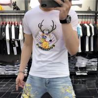 男士短袖t恤欧洲站新款重工艺烫钻潮流男上衣舒适透气男装个性帅 白色梅花鹿 M 95-115斤