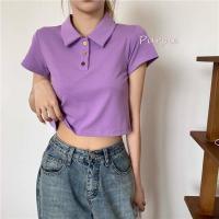 夏季韩版T恤女装学生2021新款显瘦百搭POLO领小众减龄短袖ins上衣 紫色常规短款 XXL码推荐125-150斤