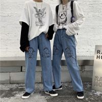 2021新款潮流ins日系复古水洗白色牛仔裤宽松直筒裤长裤子男女潮 浅蓝色 XS