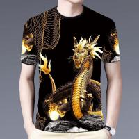 夏季炸街仔个性潮牌青年男士短袖T恤 圆领印花酷帅龙图男装体恤衫 黄金龙 M