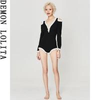 少女性感长袖保守2020新款泳衣女连体温泉遮肚ing显瘦泳装 黑色 M