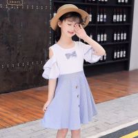 女童夏装连衣裙2021新款中大女童洋气小女孩夏季儿童仙女公主裙子 浅蓝色白条纹 120 建议身高110-119cm