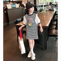 女童卡通条纹连衣裙2021夏装新款中长款短袖裙子儿童直筒T恤裙 黑色 130码 (身高120cm内)
