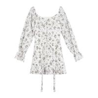 DREAM SEVEN77 长袖碎花裙女2021春夏新款设计感荷叶边法式连衣裙 杏底粉花/长袖款 XS