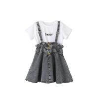 女童牛仔背带裙2021新款韩版洋气儿童夏装大童短袖吊带裙两件套潮 背带裙 110