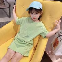 女童假两件连衣裙插色2021夏装新款宝宝洋气T恤长裙女童宽松裙子 浅绿色空白 90