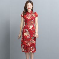 改良旗袍短袖女妈妈装中长款连衣裙中老年圆襟低开叉复古旗袍裙女 红色 盘扣 L 建议85-95斤
