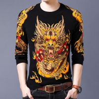 新款男士长袖T恤打底衫3D印花个性潮流款式加大码男装青年社会装 1901-1[薄款长袖龙头] M