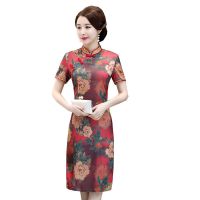 品质夏季短袖新款旗袍中长款中年女装连衣裙中国风复古改良旗袍 163红牡丹 L[建议90-105斤左右]