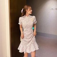 2021新款夏季完美收腰中国风荷叶边鱼尾下摆碎花改良旗袍连衣裙 绝美粉色 S 85-95斤