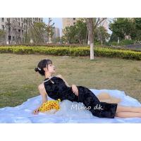 Mimo dk黑色改良中长款修身连衣裙军阀中国风优雅植绒夏季旗袍 黑色 S 建议100斤以下