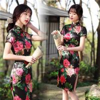 夏季新款改良复古大码妈妈裙日常走秀旗袍裙时尚气质过膝连衣裙 黑色 M 建议95斤左右