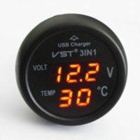 VST汽车多功能车载电压表温度LED数显USB手机充电器12-24V 红(电压)+红(温度)