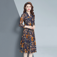 中年妈妈春装台湾纱连衣裙洋气2021新款春秋40岁穿的气质高贵裙子 藏青花色 L [建议100-110斤]