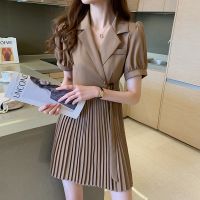大码女装夏季2021新款复古西装领连衣裙胖妹妹收腰显瘦气质百褶裙 卡其色 [优质版透气] M 建议90-105 斤