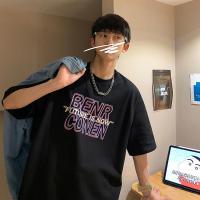 港仔文艺男2021印花短袖T恤夏ins潮牌韩版宽松圆领休闲情侣体恤衫 黑色 S