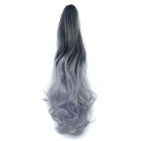 爪夹马尾假发女长卷发抓夹式挑染渐变彩色自然逼真中长卷马尾辫子 黑色浅奶奶灰