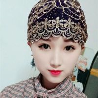 穆斯回族头巾帽子新款爆款盖头时尚烫钻刺绣蕾丝透气套头包头帽 藏青色[牡丹帽]