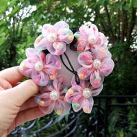 儿童发网跳舞蹈盘发丸子头发饰皮筋头花女童头饰品花苞头花朵演出 粉色(彩珠抽绳发网)1个