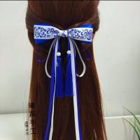 青花瓷发饰蝴蝶结中国风民族风头饰古风小仙女长飘带流苏发夹 单层白底蓝 8厘米鸭嘴夹