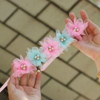 新全手工绢纱花朵丸子头花环小女孩儿甜美花苞头发古装头饰品一条 双层五叶花环粉拼绿