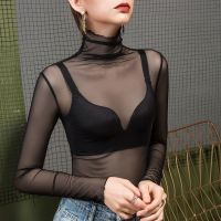 2021早春高领网纱打底衫女内搭洋气纱衣大码黑色堆堆领蕾丝衫上衣 黑色 S 80斤到90斤