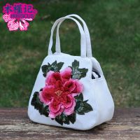 2020新款中国民族风绣花包女棉麻帆布手机手提包百搭买菜小方包包 玫红牡丹