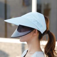 女夏天遮阳帽子双层大沿防晒帽户外防紫外线百搭带面罩遮脸太阳帽 珍珠花成人天蓝色+黑色面罩