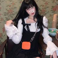 时尚套装女春秋美式辣妹连衣裙背带百褶裙+泡泡袖长袖上衣两件套 白色长袖(送衣领链子) S