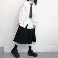 春秋套装女学生韩版宽松长袖衬衣+马甲+松紧腰半身裙学院风三件套 白衬衣+裙子+领带[两件套] S [建议85-100斤]
