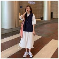 两件套2021新款工装马甲背心+高腰显瘦连衣裙韩版时尚套装女学生 蓝色马甲+白色裙子 关注店铺优先发货 S 建议98斤以