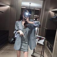 2021秋季新款时尚洋气吊带连衣裙子长袖西服外套潮气质两件套女装 灰蓝色两件套 S
