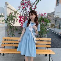 夏季学院风jk连衣裙海军领闺蜜蝴蝶结少女短袖学生甜美可爱a字裙 天蓝 连衣裙 S