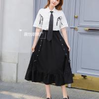 [两件套]宽松长袖抽绳衬衫中长款荷叶边半身裙时尚套装女送领带 短袖=+裙子+领带 短袖套装+领带 S 70--90