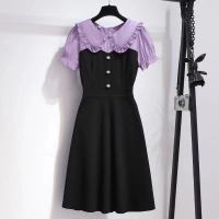 胖mm大码女装2021夏季新款气质收腰显瘦娃娃领拼接假两件连衣裙女 紫罗兰 M 建议85-100斤