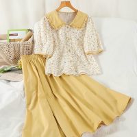 大码女装夏季新款胖妹妹气质法式娃娃领碎花衬衫+半身裙两件套女[15天内发货] 黄色半身裙单件 M 建议100斤以下