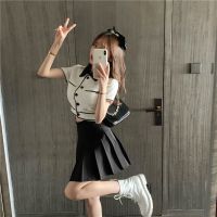 甜美风短款t恤衬衣套装女夏季新款黑白拼色上衣女高腰减龄百褶裙 百褶裙 单件 S 建议90~100斤