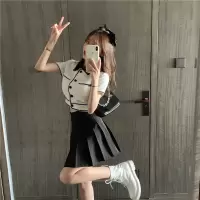 甜美风短款t恤衬衣套装女夏季新款黑白拼色上衣女高腰减龄百褶裙 百褶裙 单件 S 建议90~100斤
