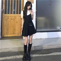 [两件套装]夏季新款百搭短袖polo领衬衫+学院风背带百褶连衣裙 裙子 S