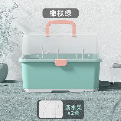 婴儿奶瓶收纳箱奶瓶架晾干架防尘带盖沥水宝宝餐具收纳盒大号 橄榄绿