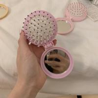 翻盖式折叠迷你小号卷发梳按摩梳带镜梳子气垫梳随身便携化妆梳子 紫色-气垫梳妆镜