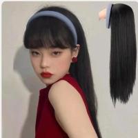 发箍假发长卷发自然无痕夏季一体新款薄款u型一体式懒人帽子头套 [浅蓝色发箍]长直发:黑色 半头套