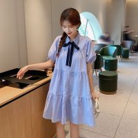 日系淑女蓝色蝴蝶结衬衫连衣裙女2021年夏季新款初恋中长款裙子 蓝色 [收藏关注店铺送小礼物] L [105-120]