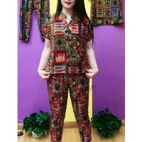 2021夏季新款套装女时尚洋气中老年妈妈短袖显瘦冰丝长裤两件套潮 红色 红色好多鱼 2XL 90-120斤