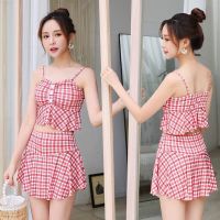 学生泳衣女两件套保守分体式遮肚显瘦高腰比基尼游泳衣带胸垫裙式 粉色12691 (高档面料) M (88-100斤)