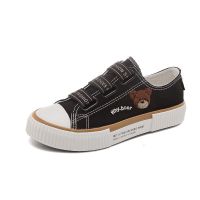 1970s小熊松紧带帆布鞋女2021春夏新款学生韩版ulzzang百搭休闲鞋 黑棕(小熊松紧带款) 鞋带