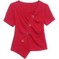 奥戴尔棉ins不规则t恤短袖2021年新款小个子短袖高腰体恤女上衣