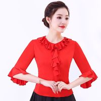 广场舞服装套装新款女夏季开场舞大摆裙中老年跳舞上衣红色演出服