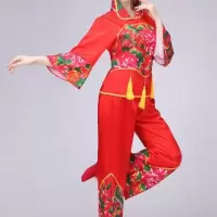 中老年秧歌服装开门红表演服东北大花布演出服舞台舞蹈扇子腰鼓服